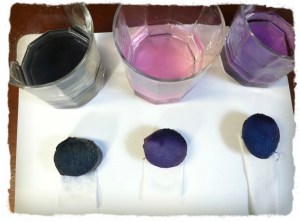 Potatoes at end of experiment, after 25 hours.  Note different color of potato and fluid. Samples are baking soda solution (left), vinegar solution (middle), and tap water (right). 