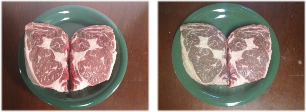 Rib-eye steaks before and after storage.  The left picture shows both steaks before. The right picture shows both steaks after.  Within each picture, the steak on the left was stored in the refrigerator, the steak on the right was frozen and thawed.