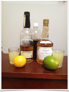 Ingredients for Jack Rose tasting (that's homemade grenadine in the back).