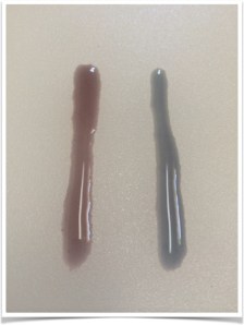 Starting (left) and ending (right) color of the dye bath used to color 6 eggs.