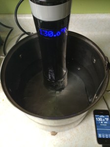 Sous vide rig with the water at a steady 130.0ºF, ready for the meat to be added.