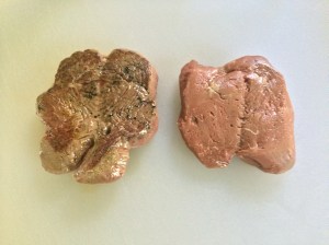 After searing one steak (left) for 30 seconds on each side on a hot cast iron skillet. The other steak (right) was left unseared.