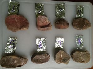 Chuck tender steaks post hot-tubbing. Numbers indicate how many hours they were in the bath. Steaks are un-salted, and un-seared. 