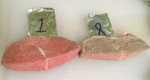 Cut 1 hr and 8 hr steaks. Note the change in surface color and the lightening of interior color.