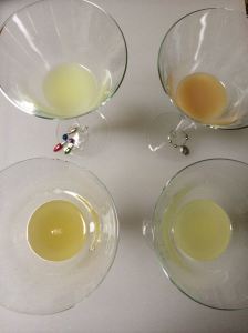 Four lemon juices, clockwise from upper left: lemon grenade, keywest, fresh lemon, fresh meyer lemon.