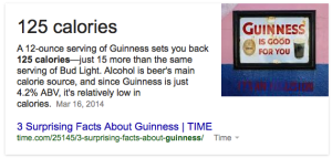 Another piece of evidence indicates Guinness has 125 calories.