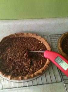 Testing internal pie temperatures during cooling.