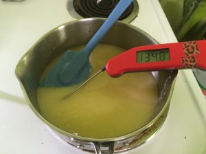 Checking the temperature of the butter and sugar mixture... a tad higher than the 120°F target (oops).