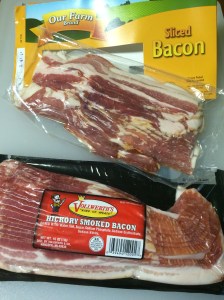 Bacon samples. Vollwerths is our local, go-to bacon brand. Our Farm was the cheapest and most on-sale brand.