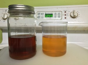 Unwashed (left) versus boozewashed (right) vodka. Note the distinct color difference.