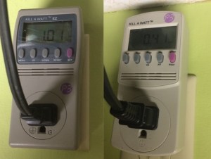Kill A Watts with final kWh measurements for the slower cooker (left) and pressure cooker (right).
