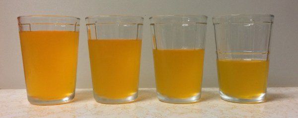 Left to right is 4:1, 3:1, 2:1, and 1:1 ratios of orange sports drink to vodka.
