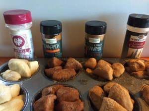 Coated dough chunks ready for a caramel glaze and then baking.
