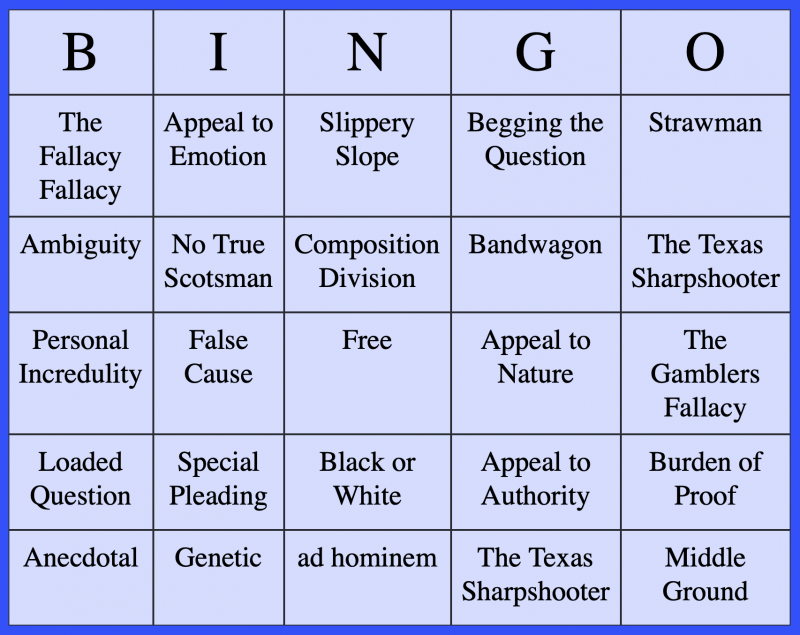 Logical Fallacy Bingo Board
