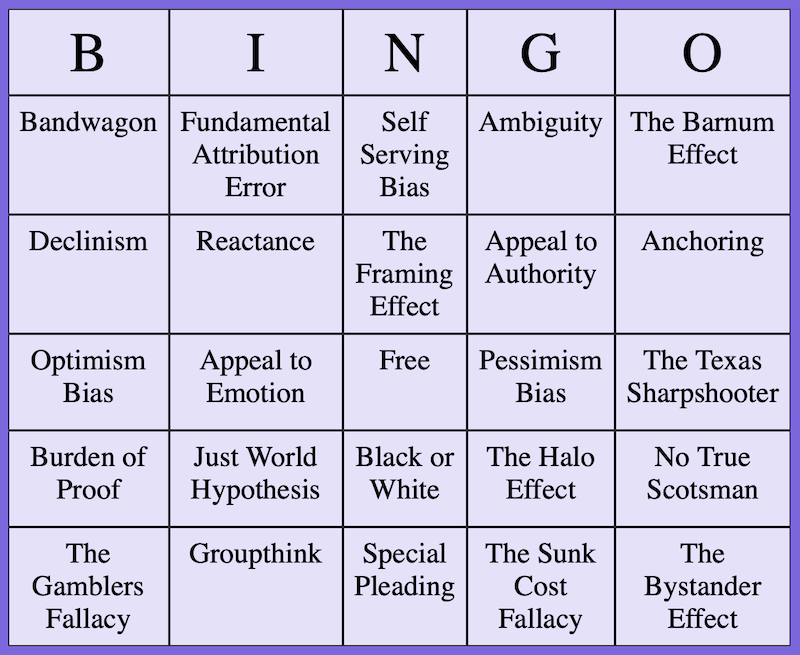 Bingo board showing 24 logical fallacies and cognitive biases with a free square in the center.