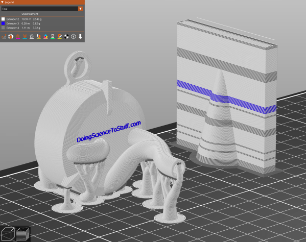 Sliced model with organic support and PLA interfaces.